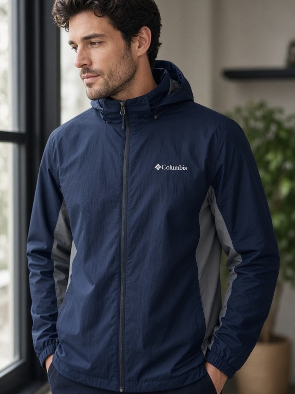 Columbia Mens Packable Hooded Windbreaker Rain Jacket Navy Blue Gray Size Large